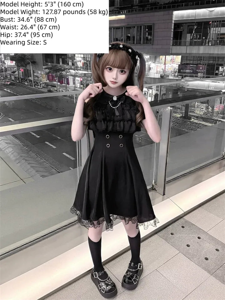 Jirai Kei Open Shoulder Dress, Layered Chest Ruffles 45366:847754