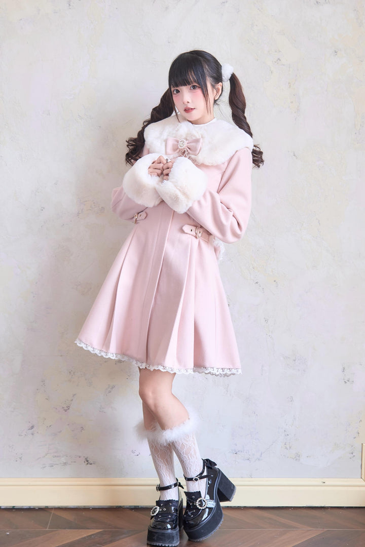 Jirai Kei Winter Coat Fur Collar Lace Coat With Bows 41410:698410