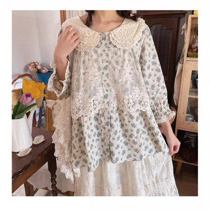 Mori Kei Blouse Floral Cotton Linen Shirt With Lace 36222:524858