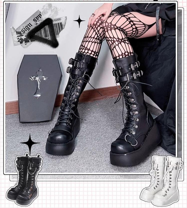 Gothic White Black Platform Boots High-Top Knight Boots 29702:369258