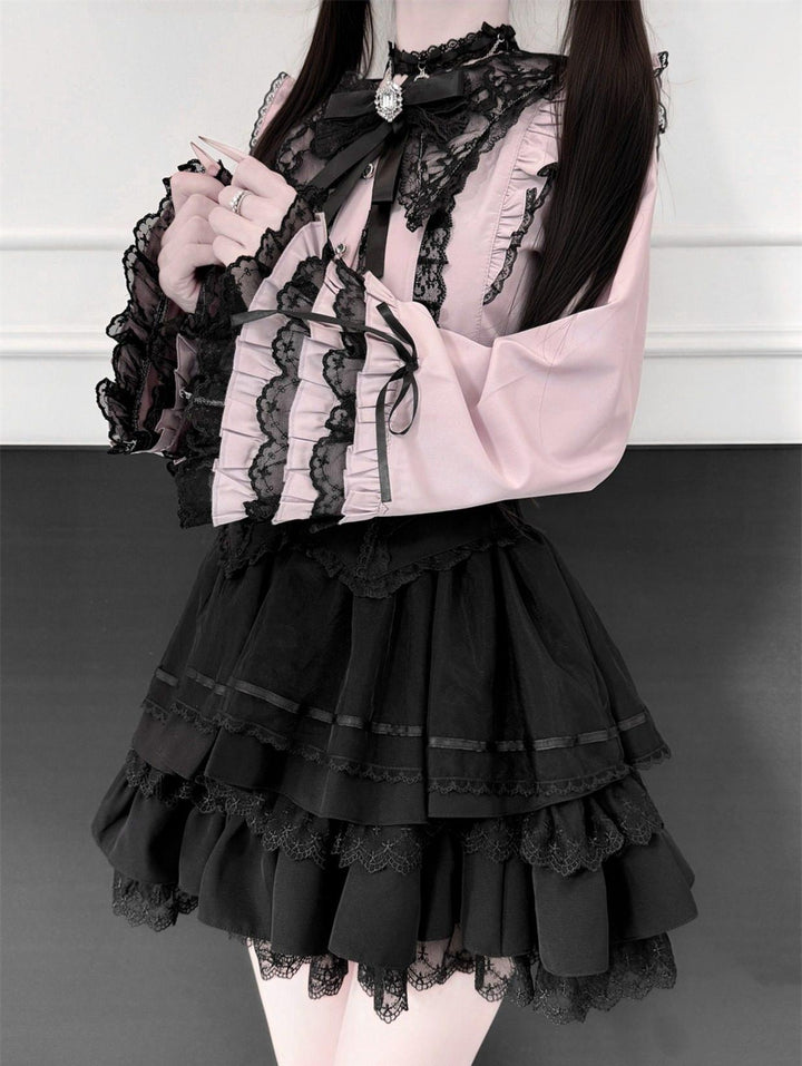 Jirai Kei Lace Blouse, High-Waist Tiered Skirt 44525:811447