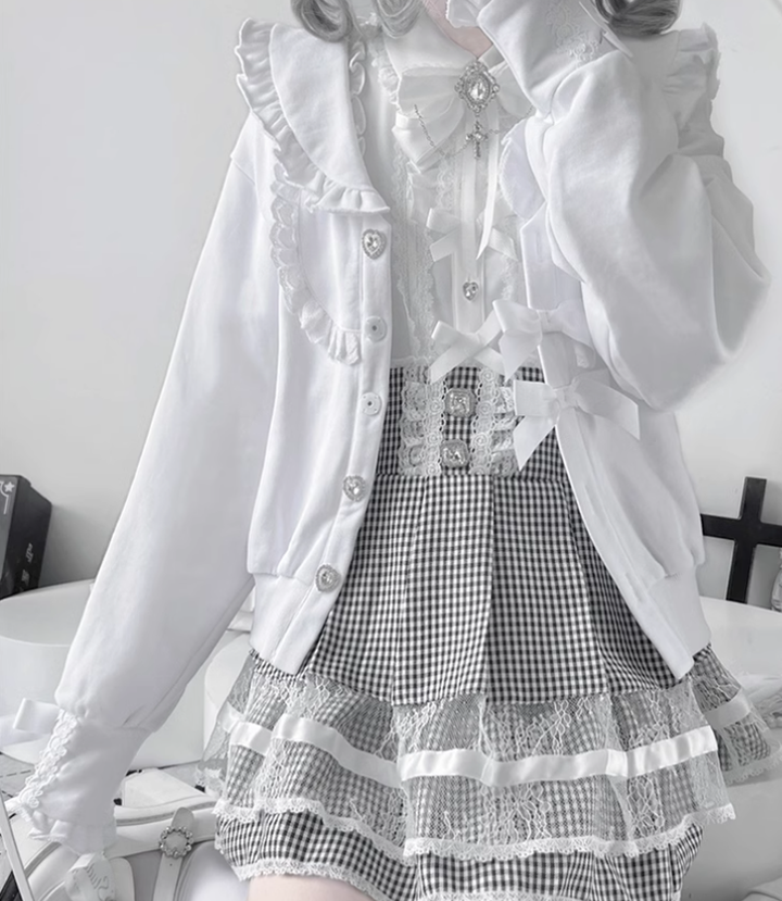 Jirai Kei Jacket Sailor Collar Coat With Lace Bow and Peal Chain 42148:730712