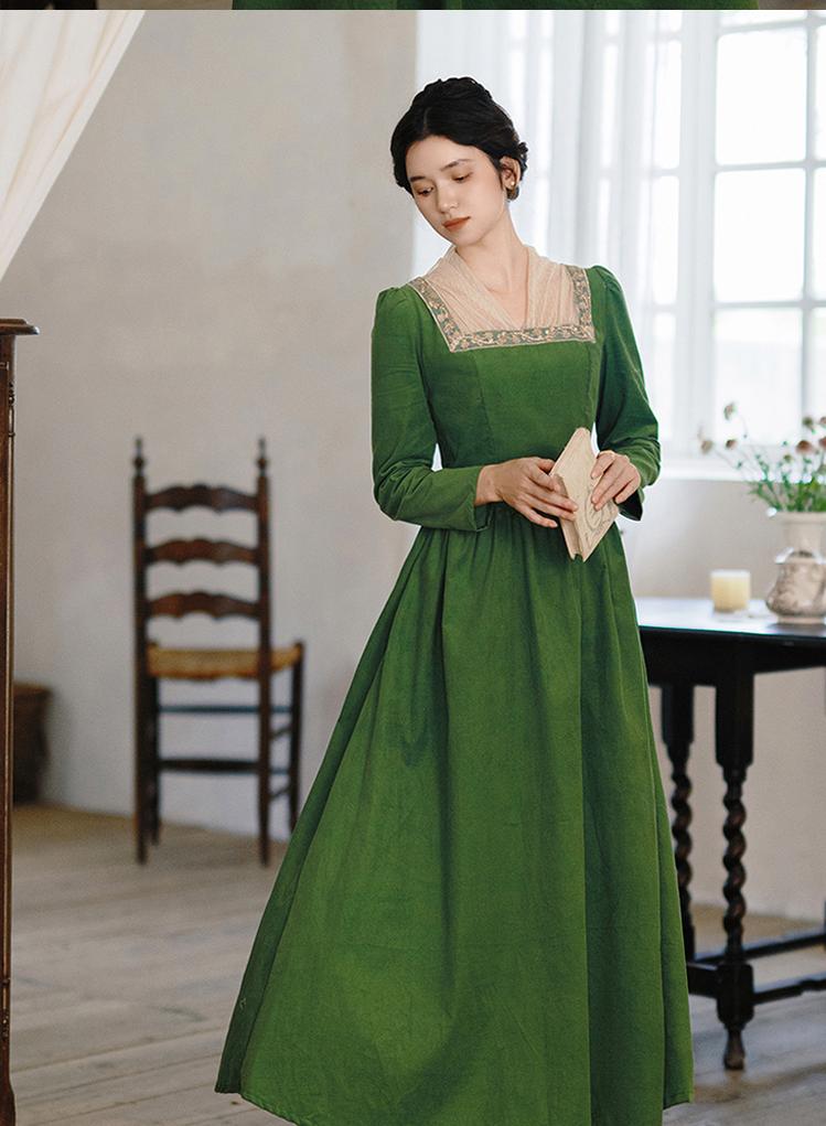 Retro Prom Dress Green Elegant Corduroy Court Dress (Green / L M S XL) 42200:732868