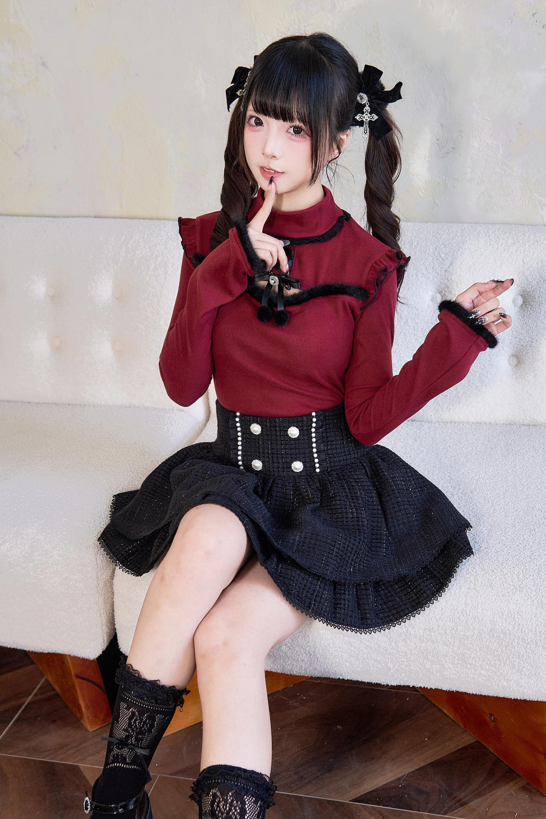 Jirai Kei Sweater Bow Decoration Knit Fleece Frill Top 41404:696664