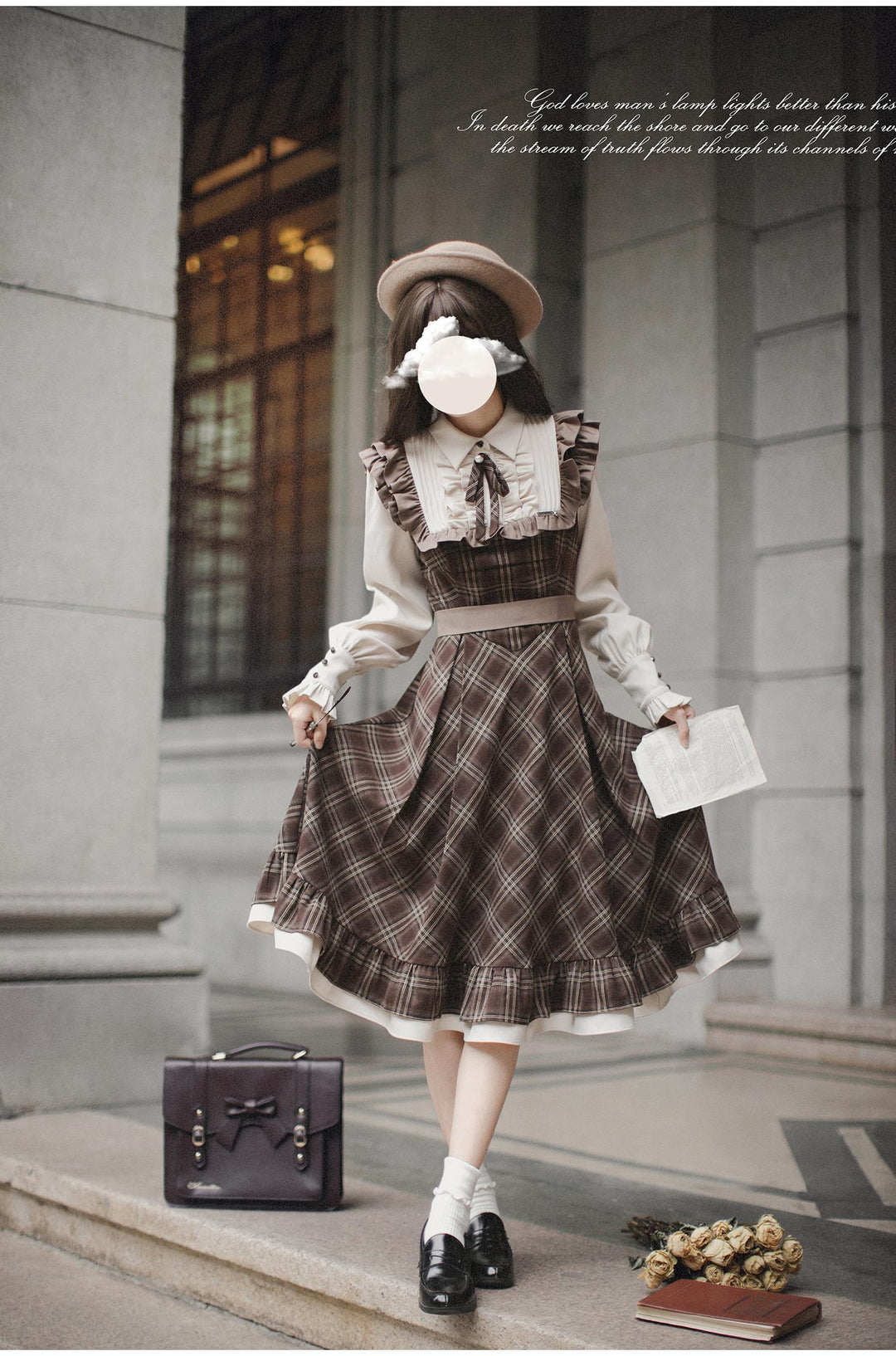 Retro Lolita OP Dress And Brown Lolita Coat Plaid Dress 41080:686036