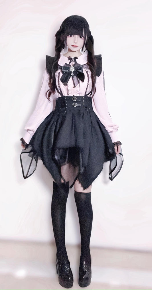 Jirai Kei Set Up Pink Black Outfit Set Lace Collar Blouse (L M S XL) 34042:446880