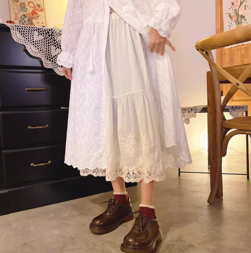 Mori Kei Underskirt Cotton Hollow Lace Spliced Skirt 36220:524790