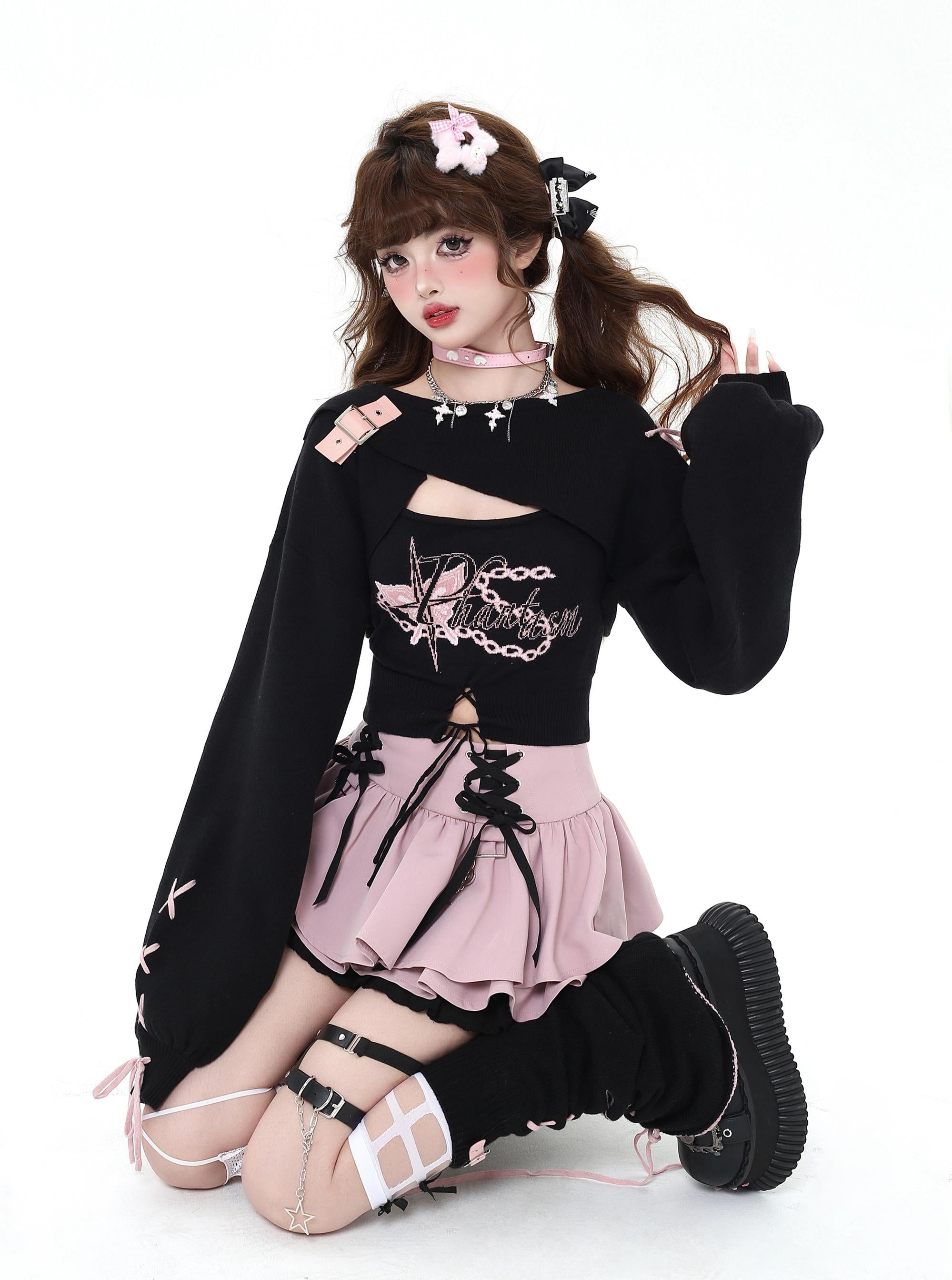 KO GYARU 制服風 セーターとスカートセット 130 Gyaru Fashion Sweater Sexy Long-Sleeve Knitted Two-Piece Set
