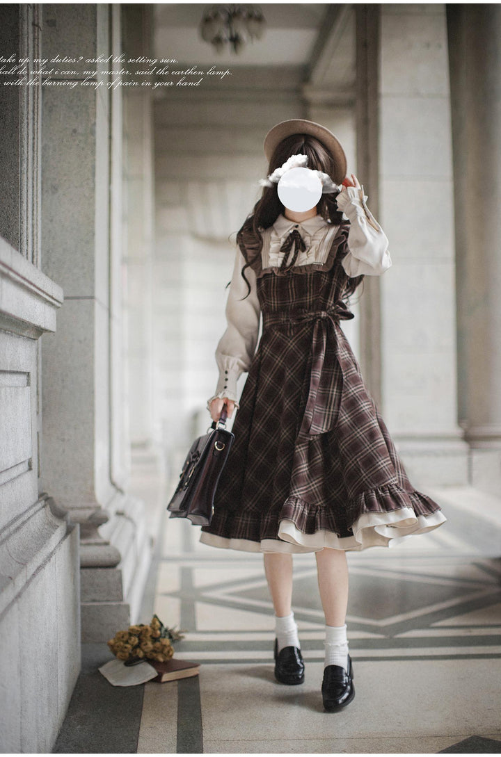 Retro Lolita OP Dress And Brown Lolita Coat Plaid Dress 41080:686032