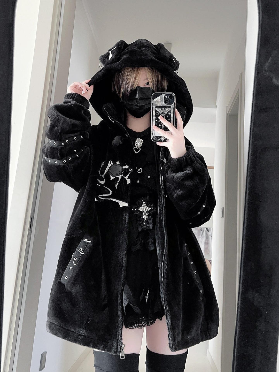Y2K Black Hooded Coat, Puppy Ear Accents 44416:807600