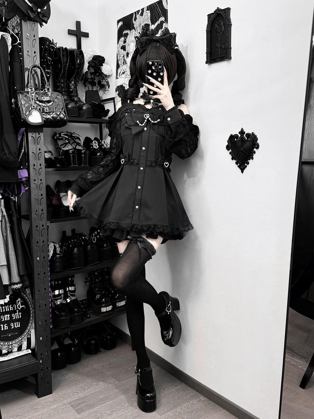 Jirai Kei Open-Shoulder Dress, Lace Sleeves 44417:807606