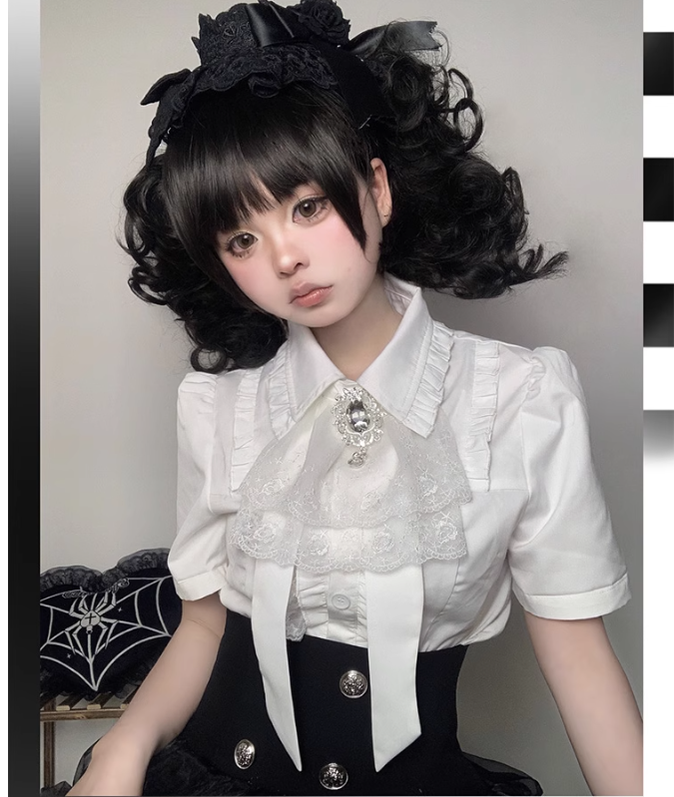 Gothic Blouse White Short-sleeved Shirt Versatile Top 37554:566566