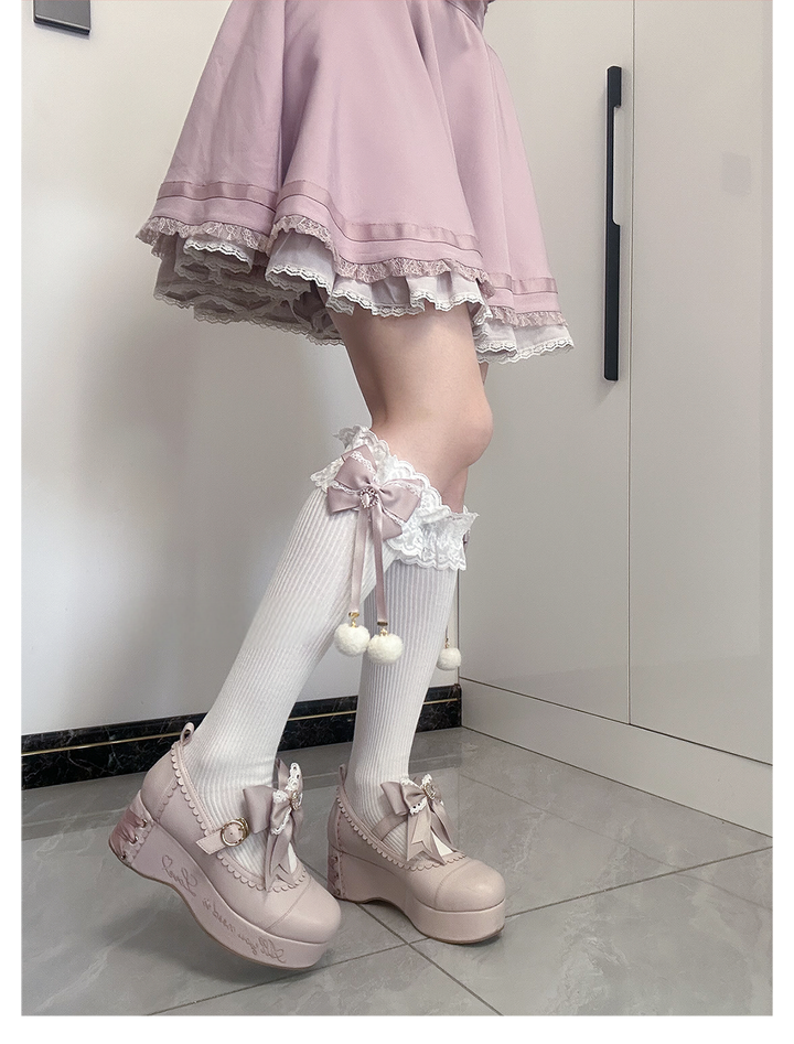 Jirai Kei Knee Socks Lace Bow Pom-Pom Mid-Calf Socks 40886:678972