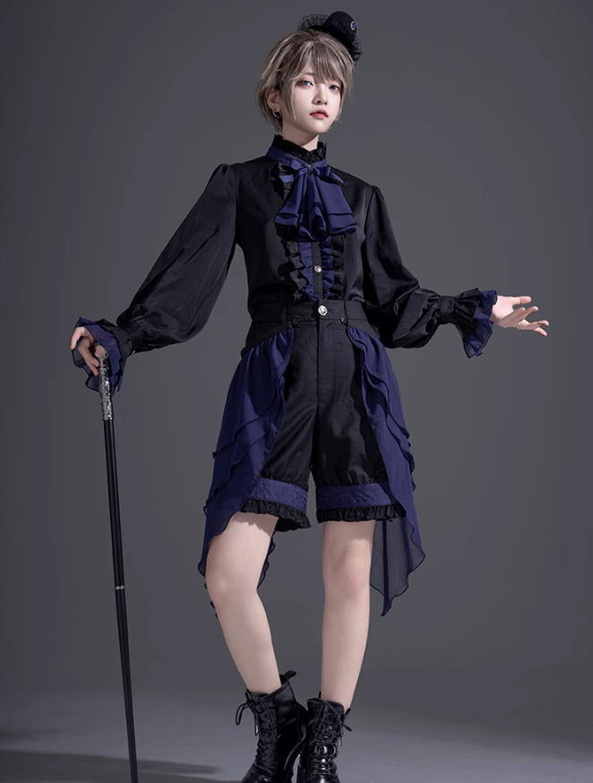 Ouji Lolita Prince Outfit Navy Blue Lolita Blouse Skirt Set 39360:633322