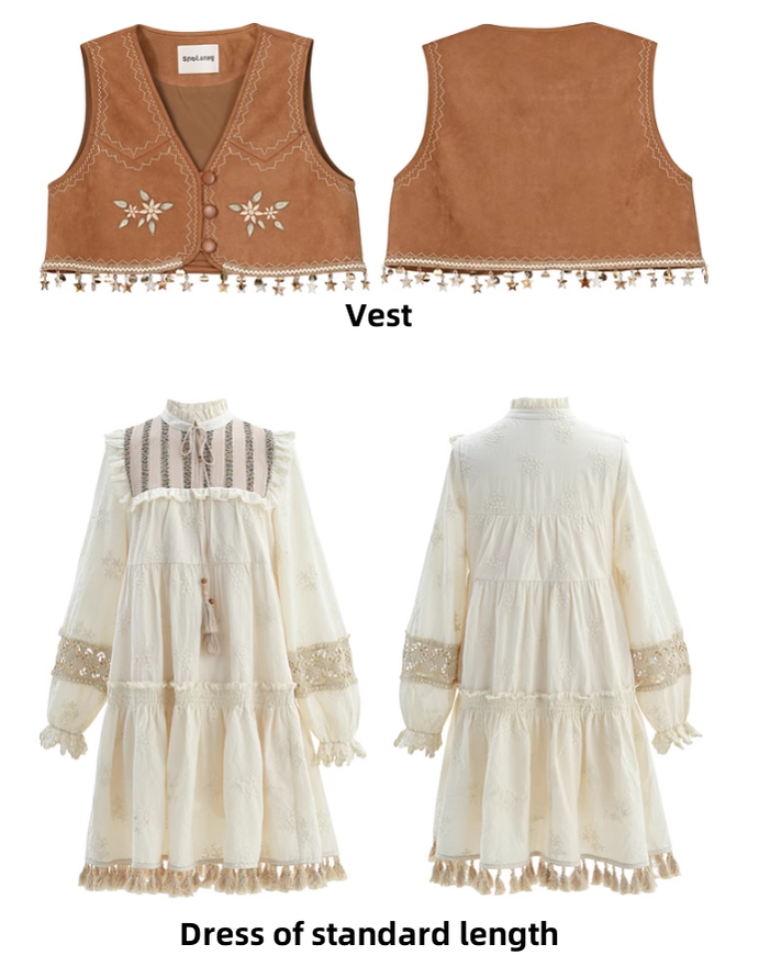 Mori Kei Dress Set Bohemian Vest With Tassels Ethnic Dress 39268:645154