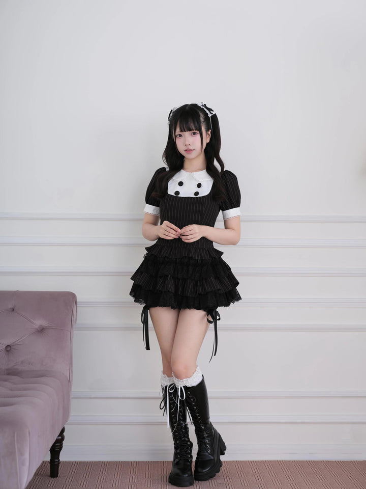 Jirai Kei Black Striped Top, Tiered Skort with Bows 45801:864165