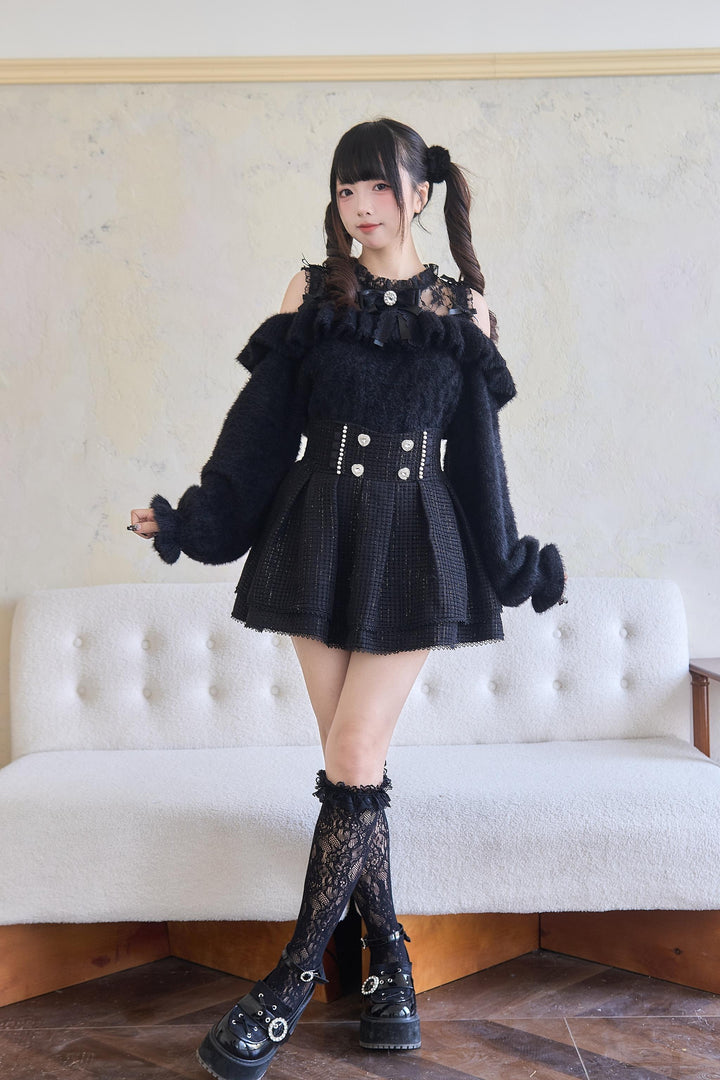 Jirai Kei Sweater Lace Frill Collar Knit Sweater With Bow 41680:711732