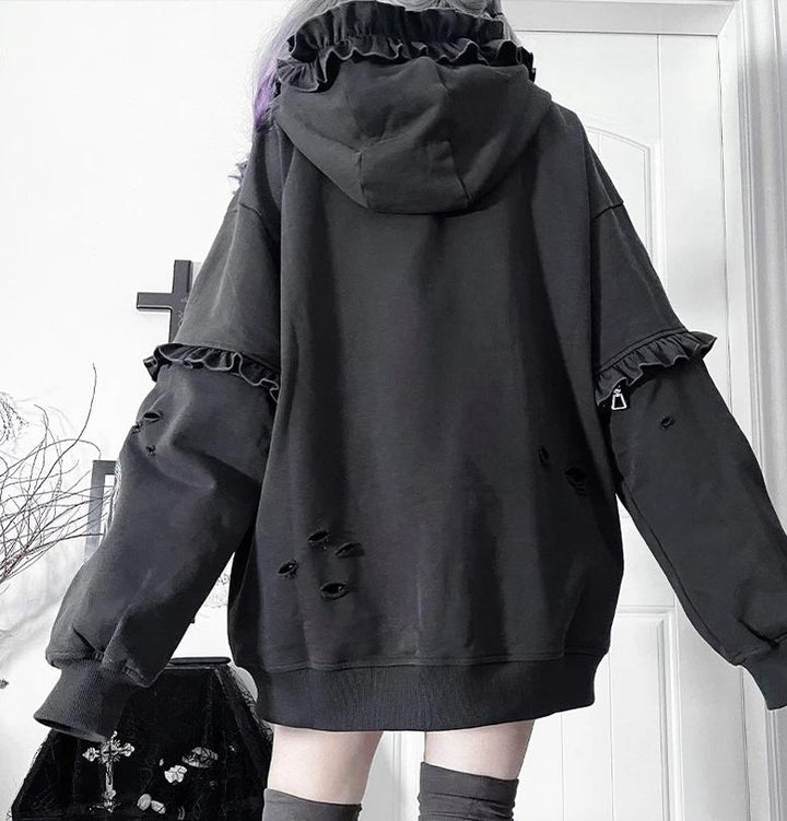 Punk Hooded Jacket, Ripped Details & Horse Embroidery 45939:871251