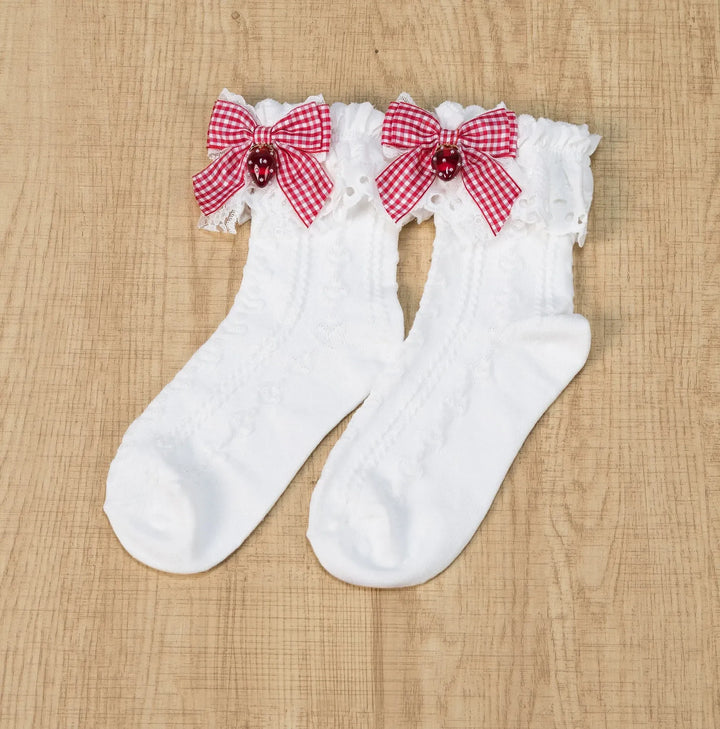Ryousangata Plaid Bow Socks, Strawberry Pendant 45962:870236