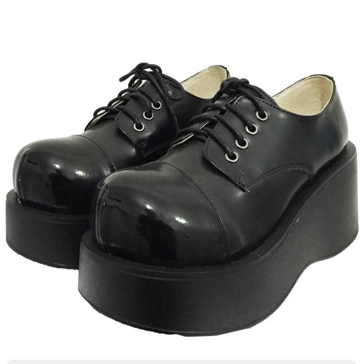 Harajuku Fashion Black Wedge Round-Toe Thick-Sole Shoes (33 34 35 36 37 38 39 40 / Exchange) 21870:316588