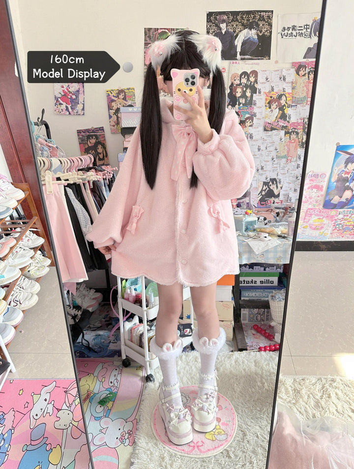 Jirai Kei Coat Sweet Bunny Ear Hoodie Long Fleece Coat 40938:682310