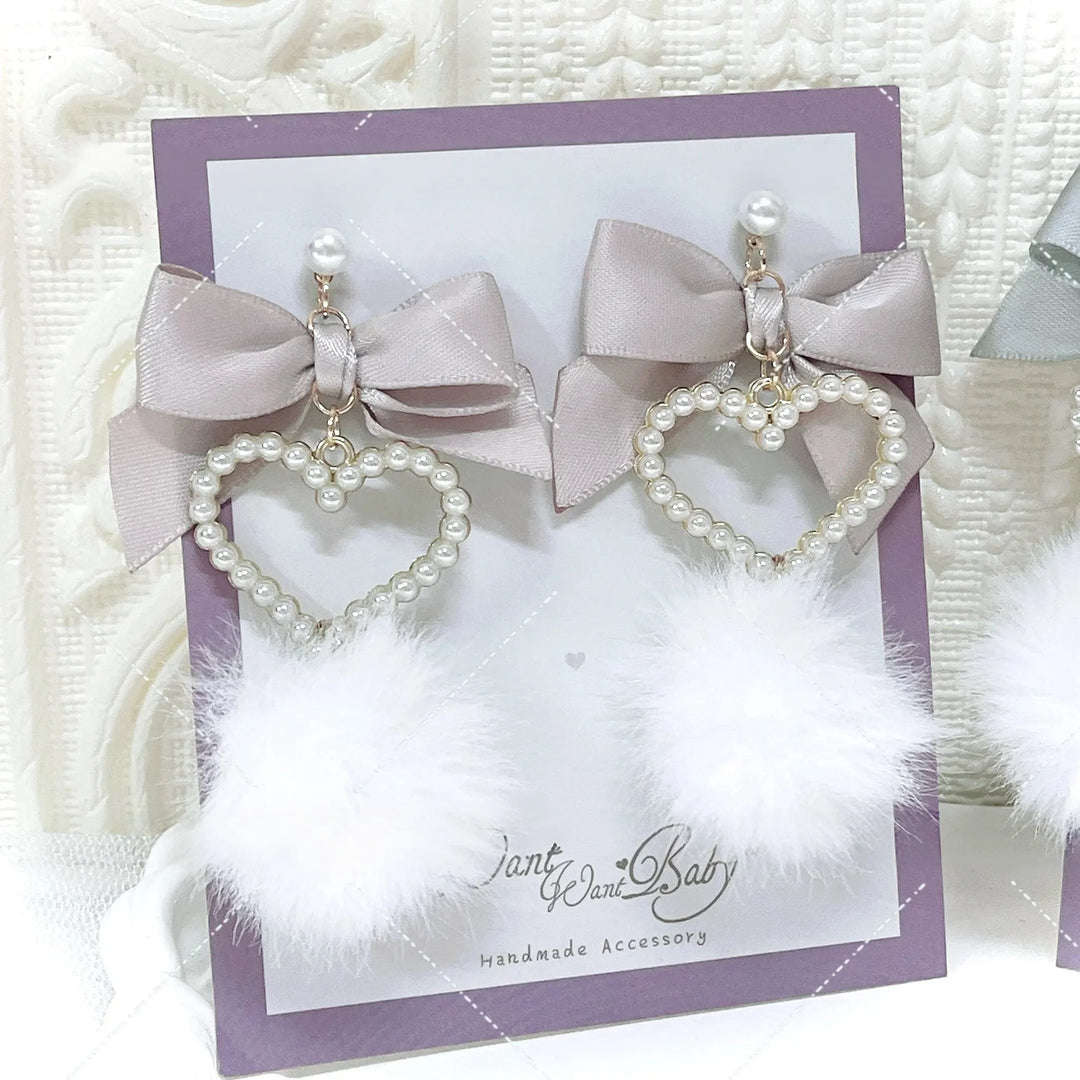 Jirai Kei Heart-shaped Earrings, Fluffy Pom-pom & Bow Accents 45694:860104