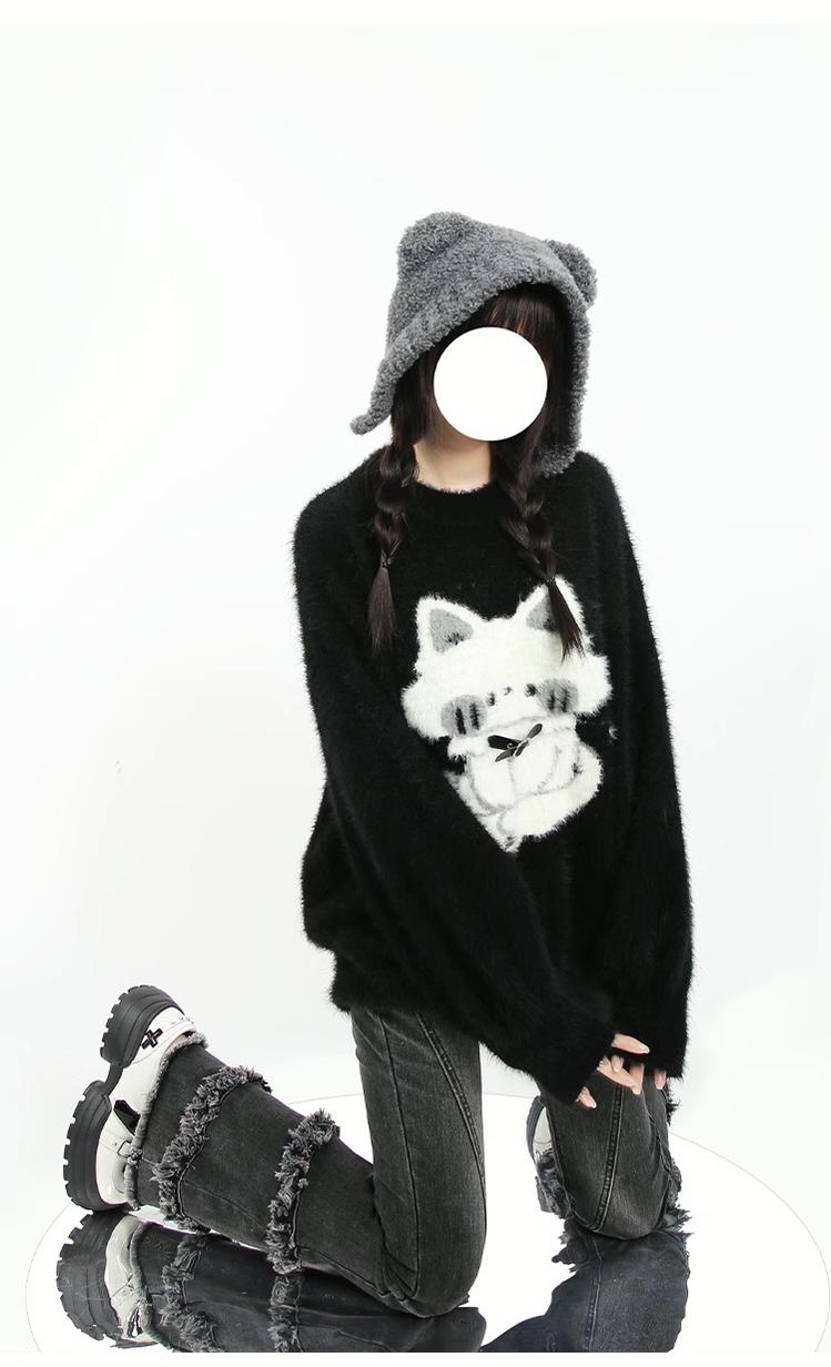 Kawaii Black Sweater Fluffy Voluminous Thickening Sweater 22752:326918