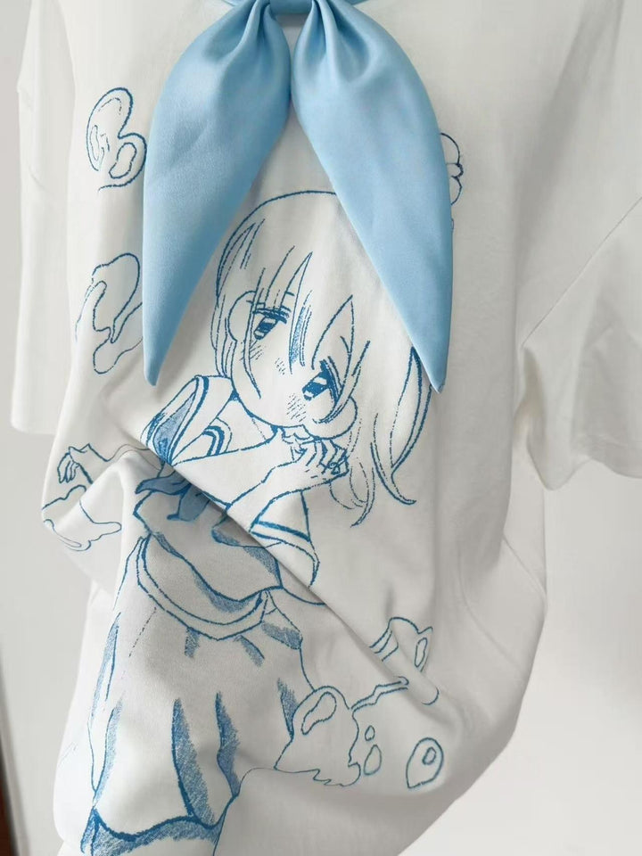 Cotton Tenshi Kaiwai Sailor Collar T-Shirt with Anime Girl Print 43094:765445