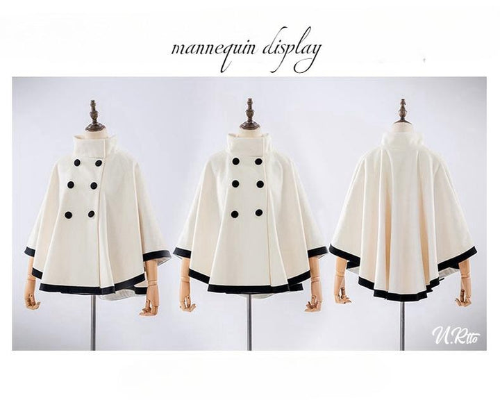 Elegant Lolita Winter Coat Black and White Camellia Cape 40284:658406