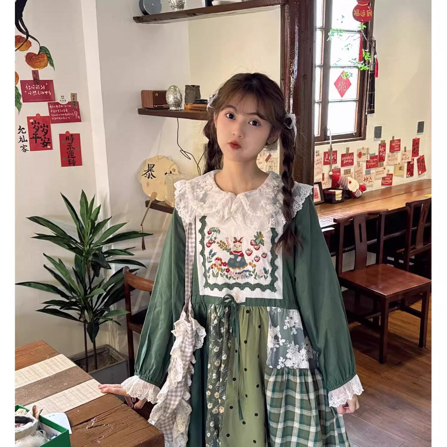Cottagecore Dress Mori Kei Dress Green Floral Patchwork Dress 36226:525078
