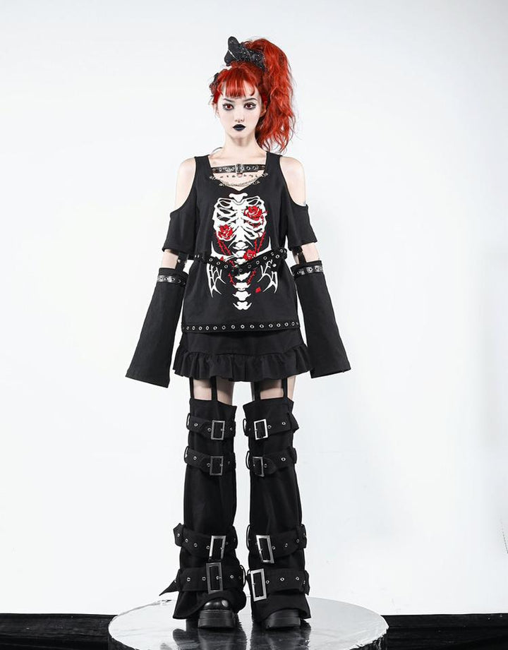 Gothic Skull Embroidered T-Shirt Detachable Sleeves and Leather Buckle 35726:502808