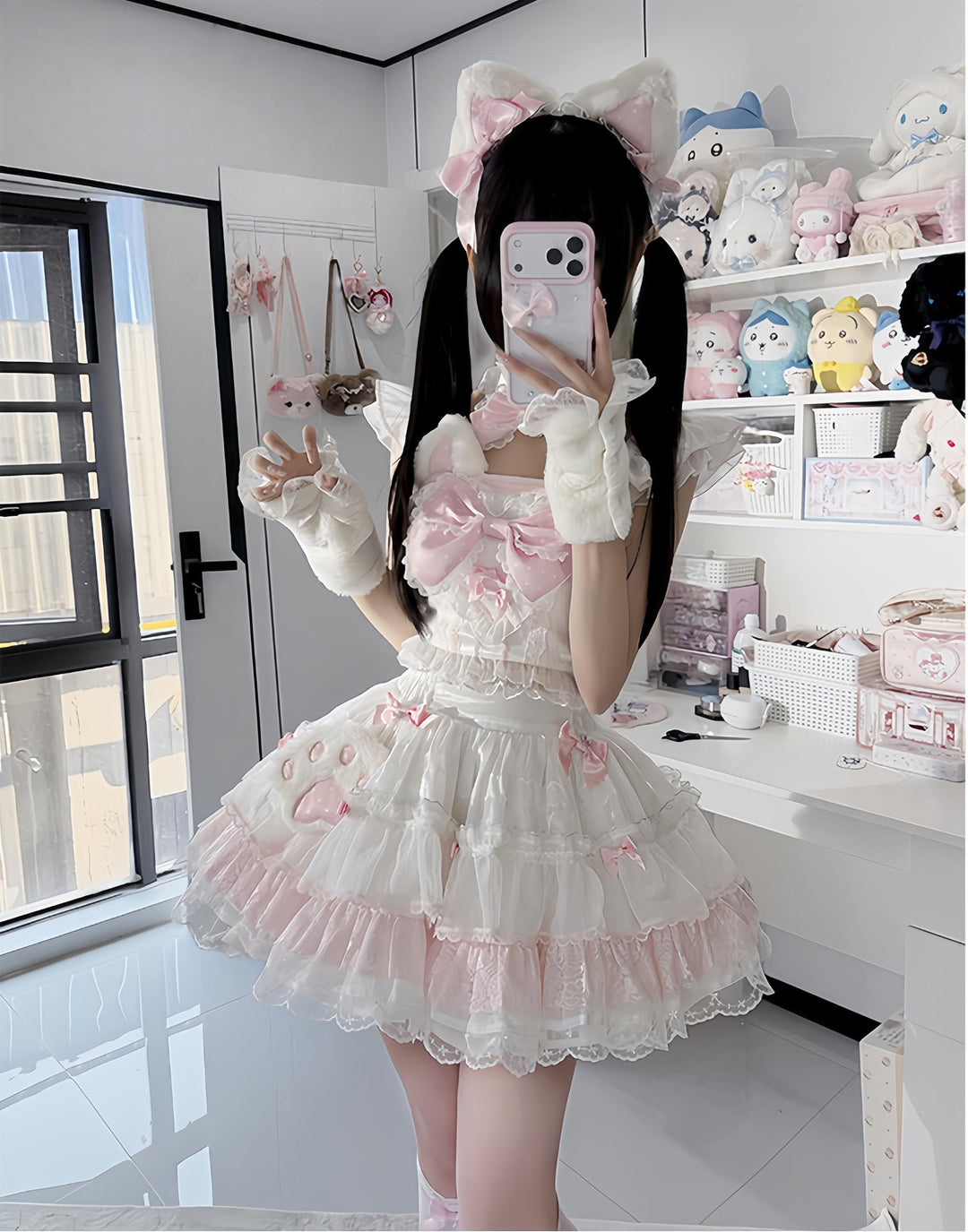 Kawaii Lolita Tiered Skirt Set, Cat Ears & Polka Dot Bow 44958:837564