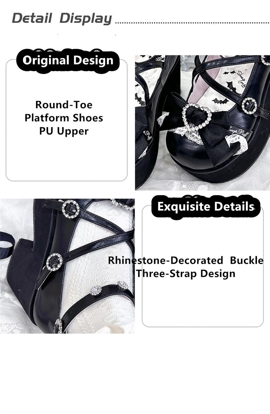 Lolita Platform Shoes Rhinestone Buckles Black Shoes 37634:574778