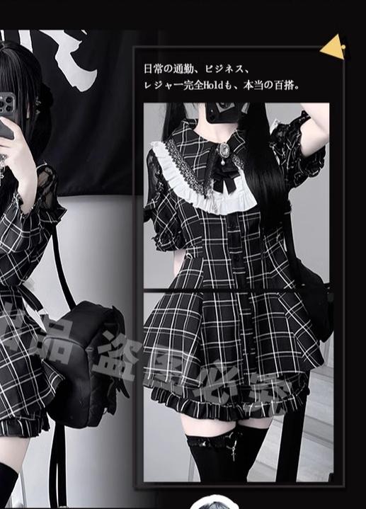 Jirai Kei Dress Set Black Plaid Dress With Puritan Collar 39506:635888