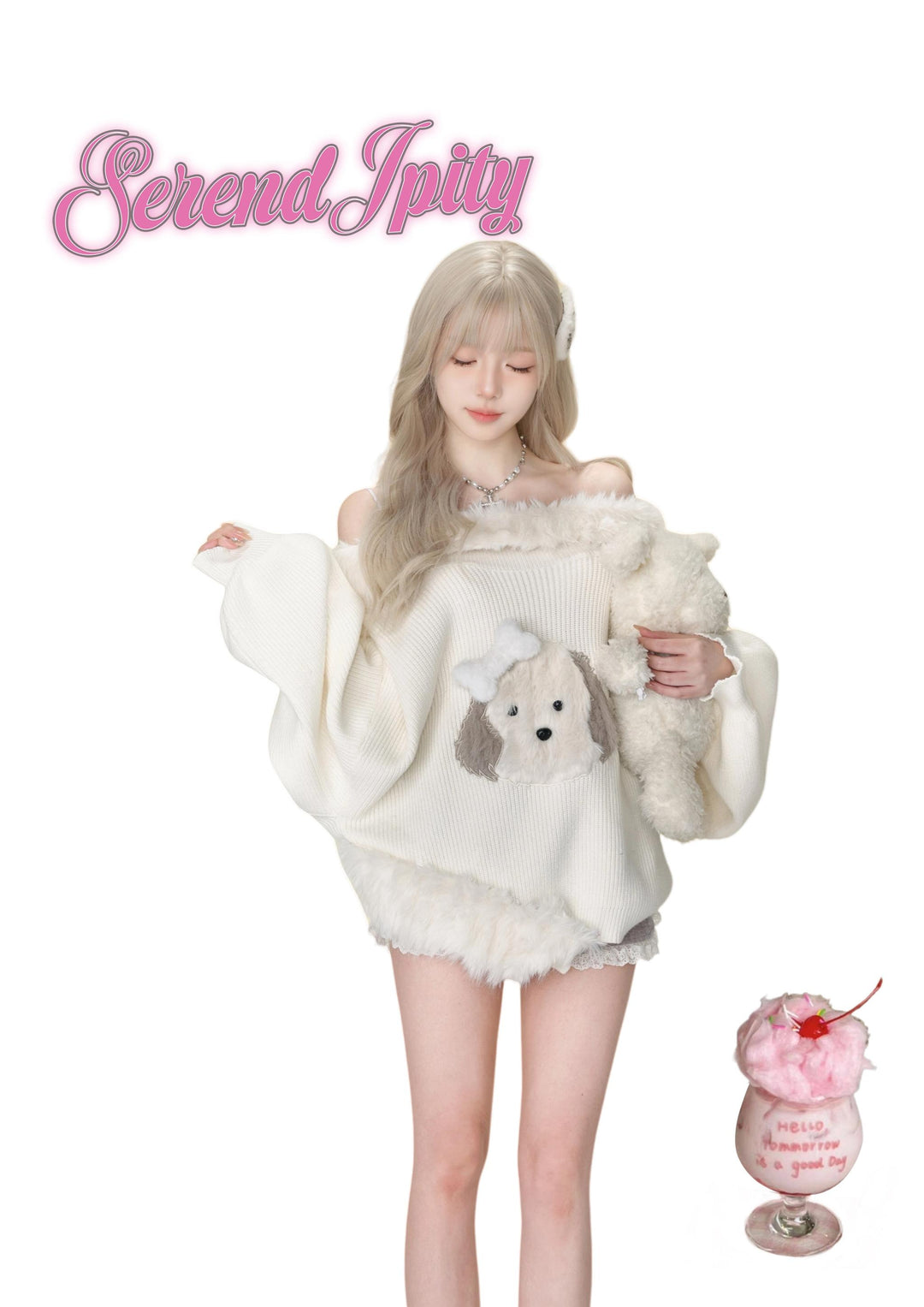 Kawaii White Off-Shoulder Sweater And Grey Shorts (M S XS) 41126:692114