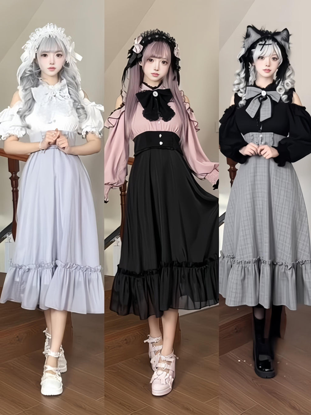 Jirai Kei Open-Shoulder Long Dress, Detachable Bow 44754:824046