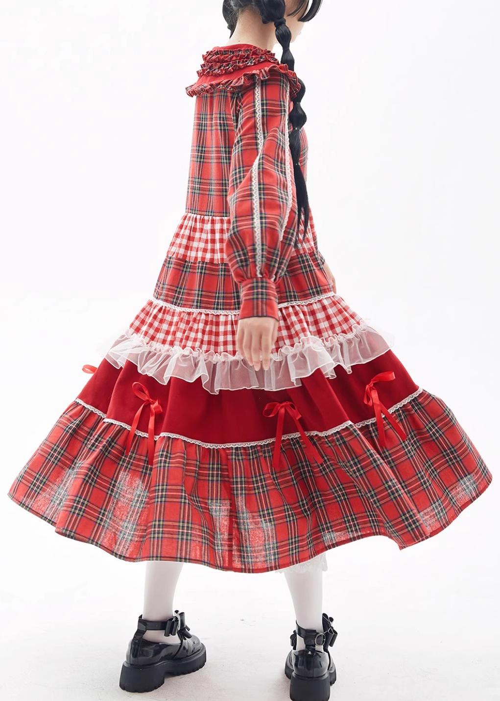 Sweet Lolita Dress Kawaii Dress Retro Dress Red Plaid Dress 36148:542898