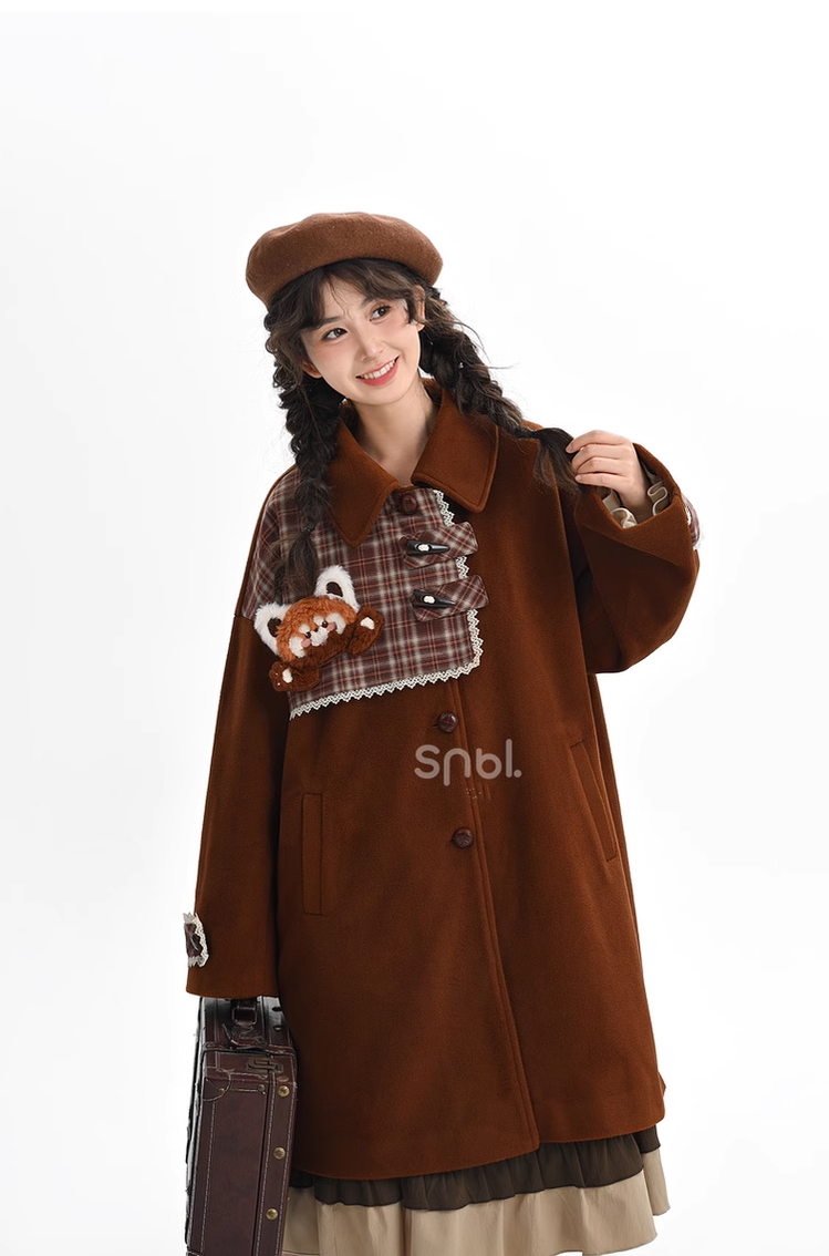 Mori Kei Coat Retro Brown Coat Mid-length Woolen Jacket 40266:655020