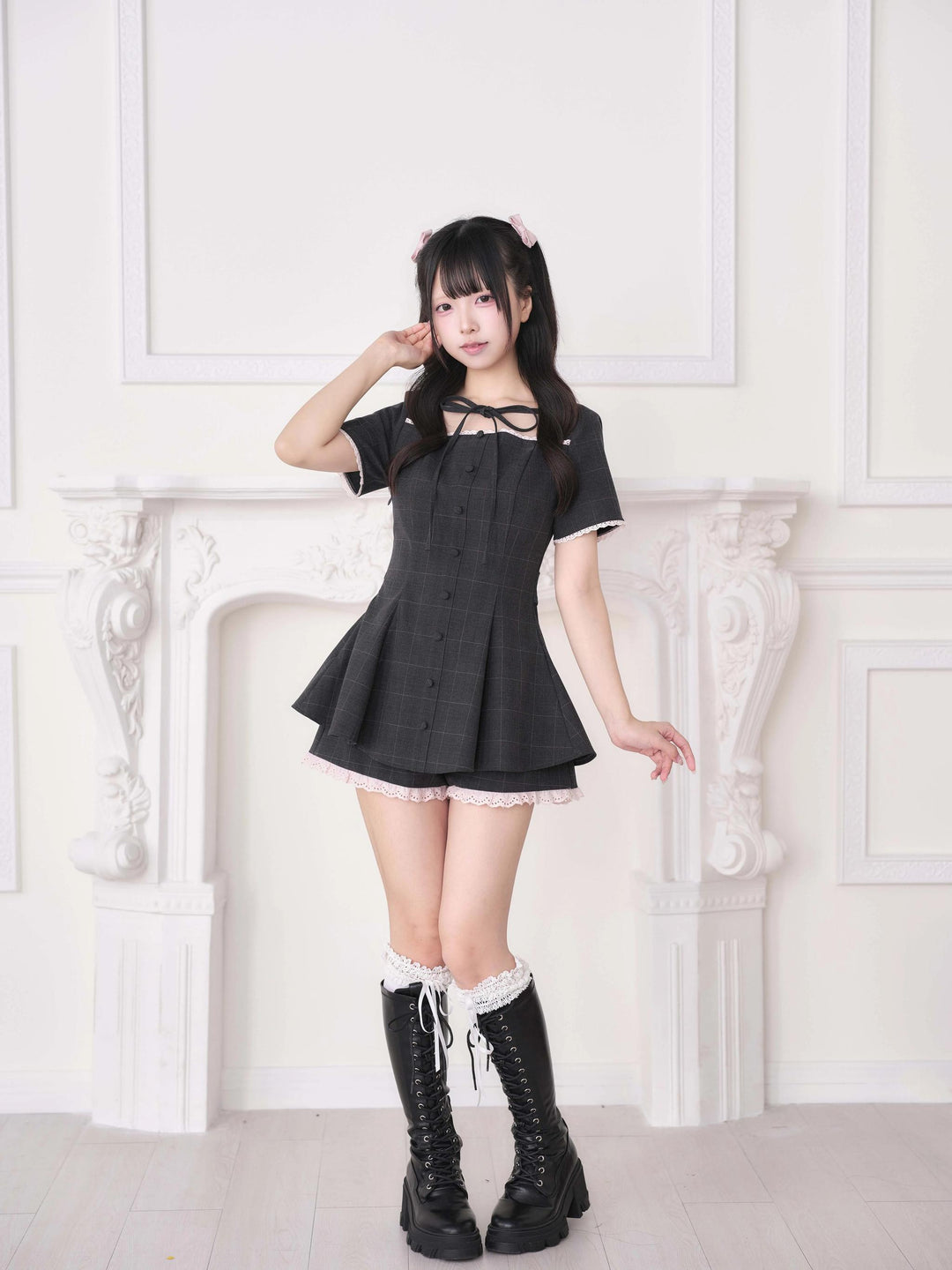 Ryousangata Lace Trim Dress & Elastic Shorts Set 45835:864544