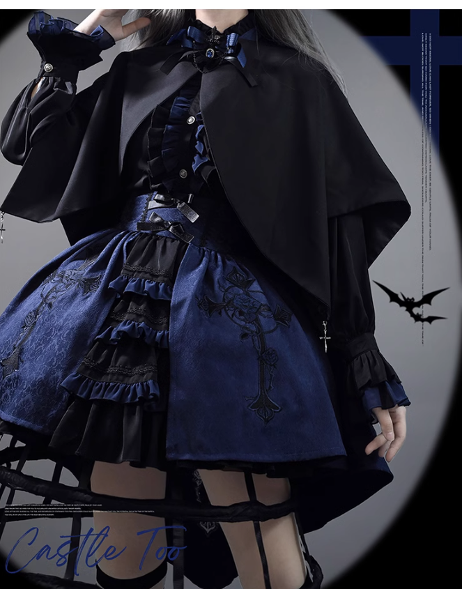 Ouji Lolita Prince Outfit Navy Blue Lolita Blouse Skirt Set 39360:633332