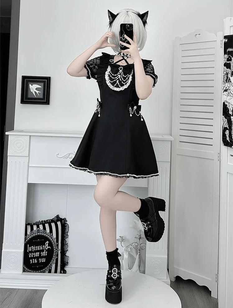 Jirai Kei Pearl Chain Dress, Halter Neckline 45650:857205