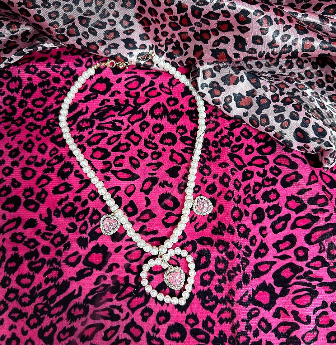 Gyaru Pearl Necklace, Floral or Heart Rhinestone Style 45564:854945