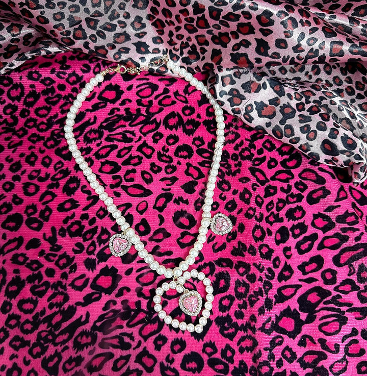 Gyaru Pearl Necklace, Floral or Heart Rhinestone Style 45564:854945