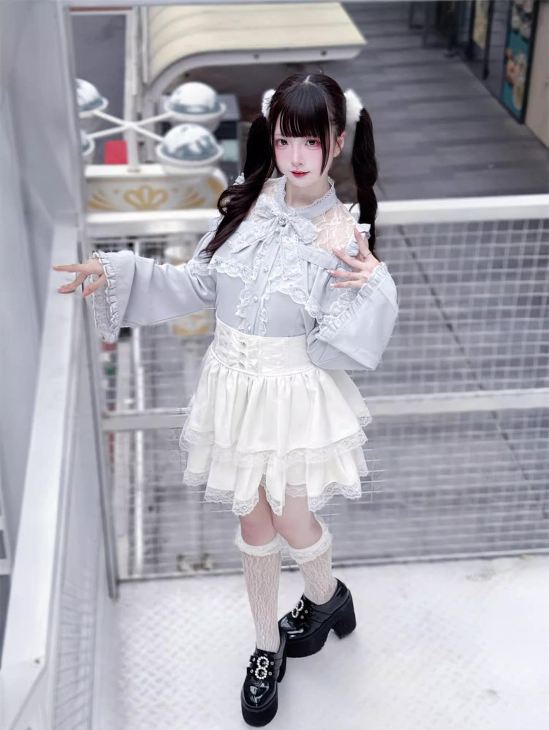 Jirai Kei Open Shoulder Blouse + Tiered Ruffles Skirt 43686:782903
