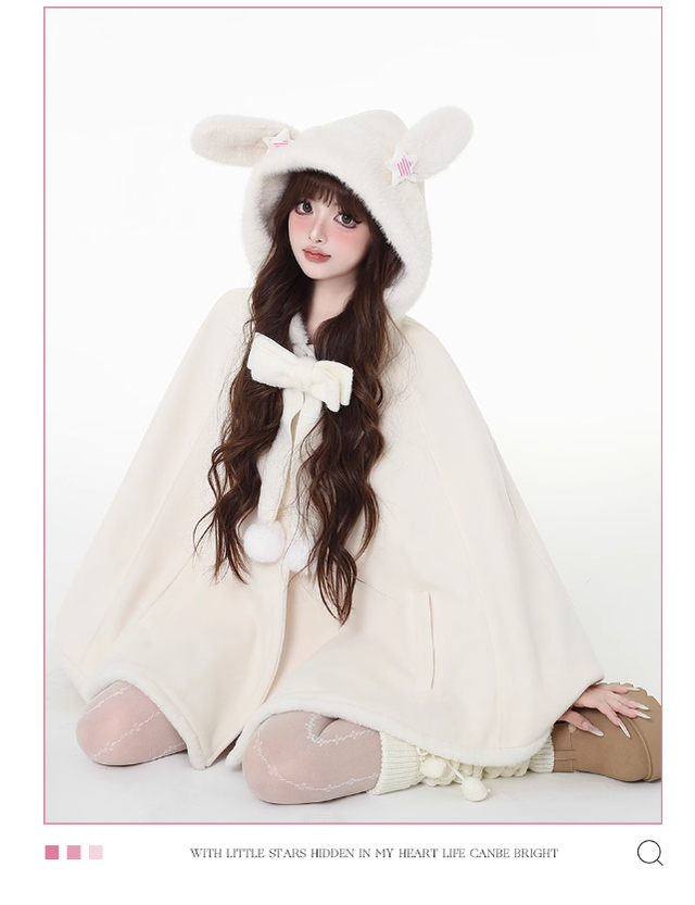 Jirai Kei Winter Coat White Bunny Ear Hooded Cape Coat (L M S) 41056:684500