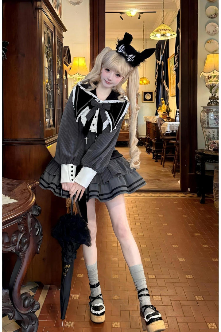 Kawaii Lolita Dress Grey OP With Long Bunny Ears and Plush Ball 42320:738130