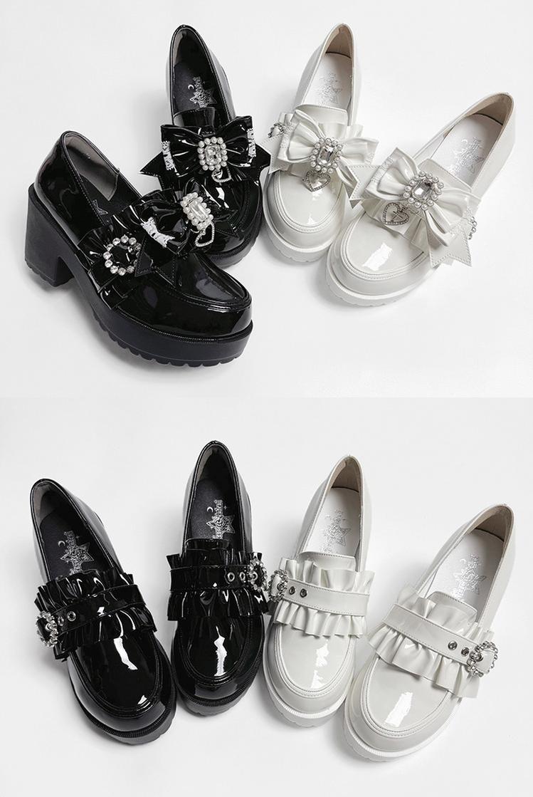 Jirai Kei Mid-Heel Loafer Shoes, Detachable Bow Clips 44005:792727