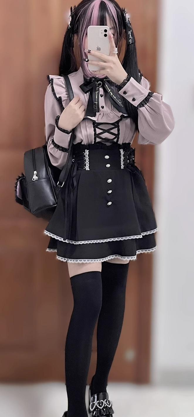 Jirai Kei Pearl Lace Up Butterfly Bow Black Skirt 21738:311136