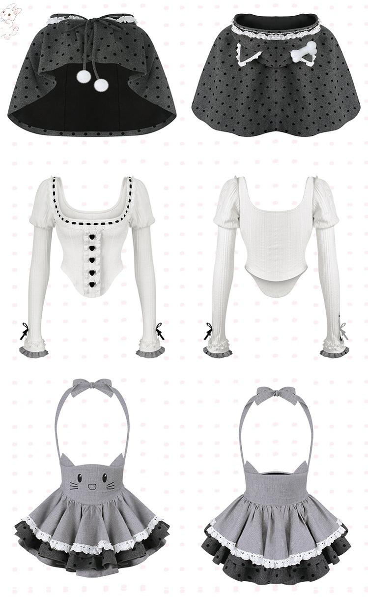 Kawaii Outfit Set, Knit Top, Suspender Skirt and Cape 44083:796623