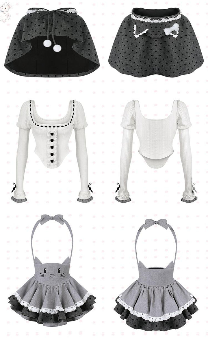 Kawaii Outfit Set, Knit Top, Suspender Skirt and Cape 44083:796623